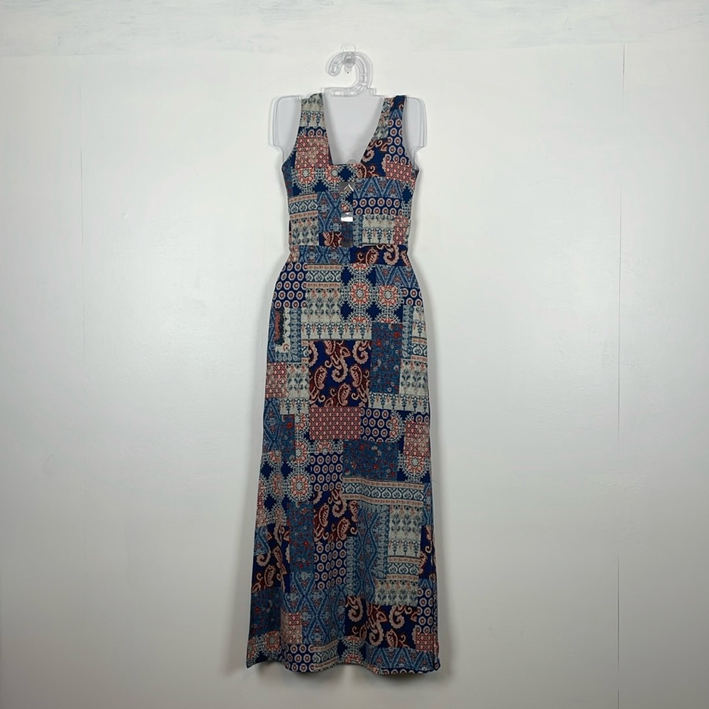 ELA Sleeveless Multicolor Maxi Dress Square V Neck Stretch Beach Elastic Casual